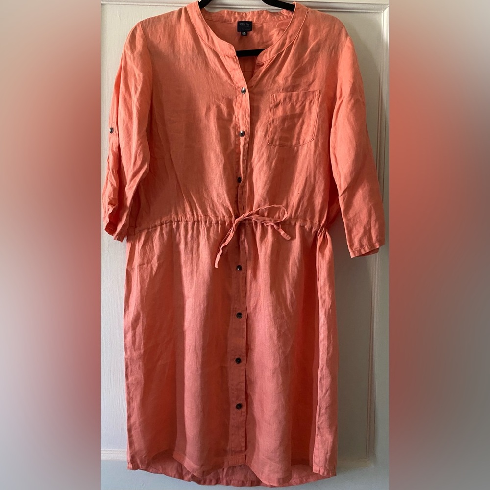 Coral Button-Up Shirt‎ Dress with Tie Waist
